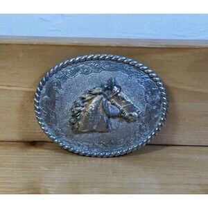 Vintage RAINTREE 1978 Oval Gold/Silver Color Belt Buckle Horse Head Rodeo SW ~4"